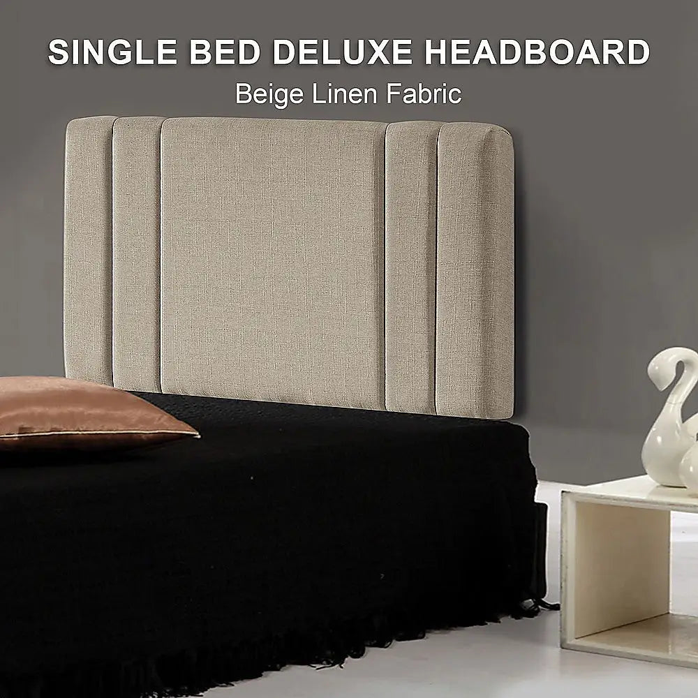 Linen Fabric Single Bed Deluxe Headboard Bedhead - Beige - Furniture > Bedroom