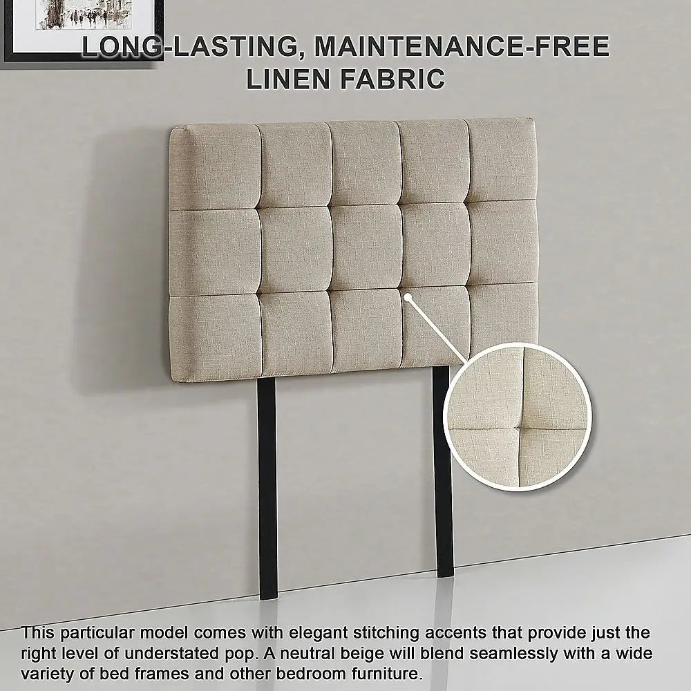 Linen Fabric Single Bed Deluxe Headboard Bedhead - Beige - Furniture > Bedroom