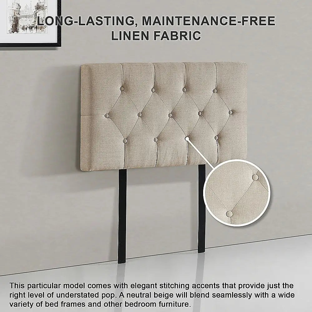 Linen Fabric Single Bed Deluxe Headboard Bedhead - Beige - Furniture > Bedroom > Beds & Bed Frames