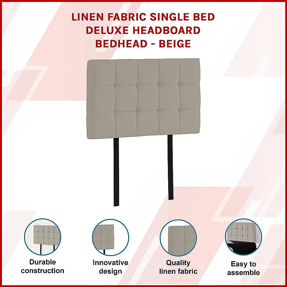 Linen Fabric Single Bed Deluxe Headboard Bedhead - Beige - Furniture > Bedroom