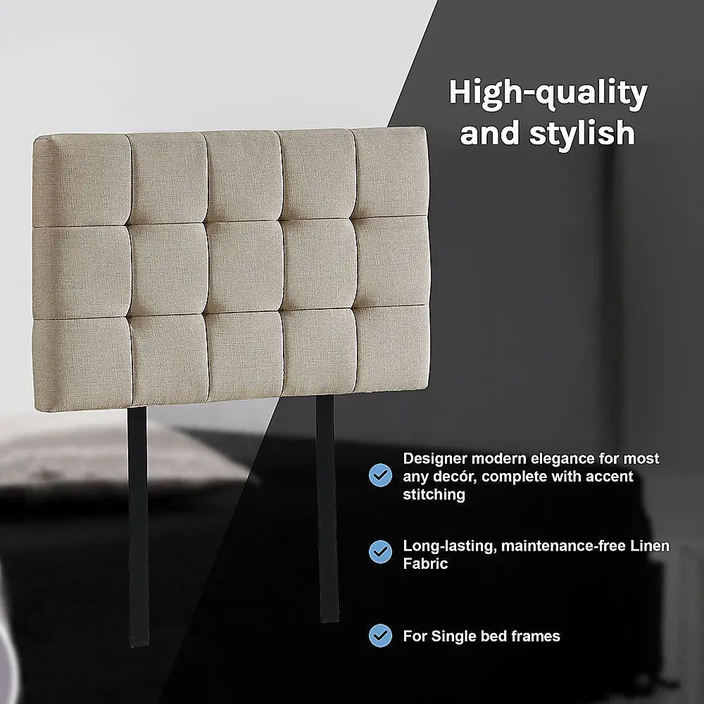 Linen Fabric Single Bed Deluxe Headboard Bedhead - Beige - Furniture > Bedroom