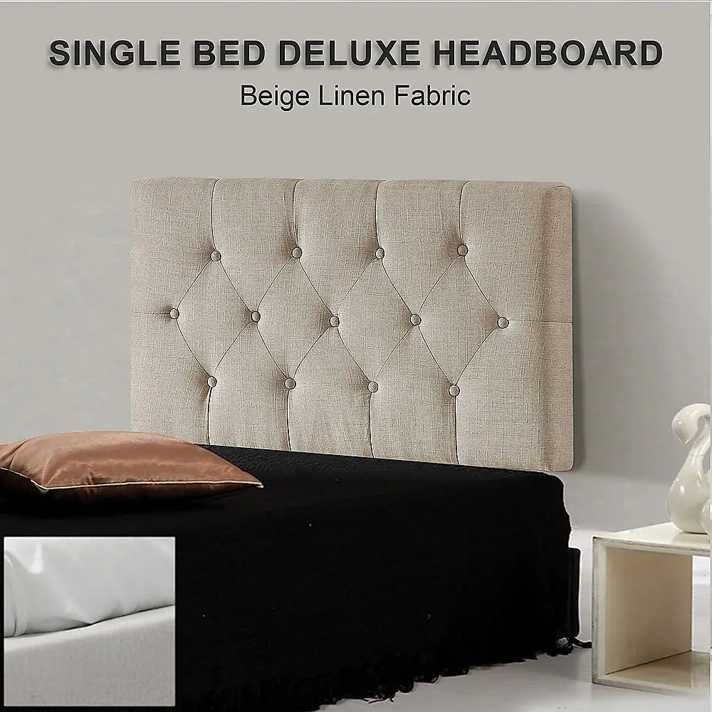 Linen Fabric Single Bed Deluxe Headboard Bedhead - Beige - Furniture > Bedroom > Beds & Bed Frames