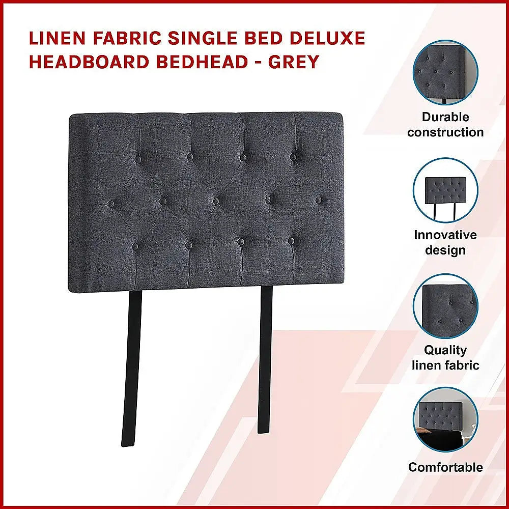 Linen Fabric Single Bed Deluxe Headboard Bedhead - Grey - Furniture > Bedroom