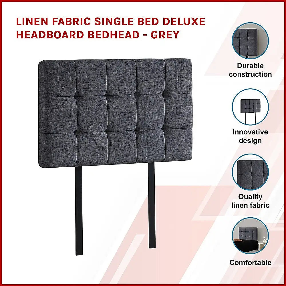 Linen Fabric Single Bed Deluxe Headboard Bedhead - Grey - Furniture > Bedroom