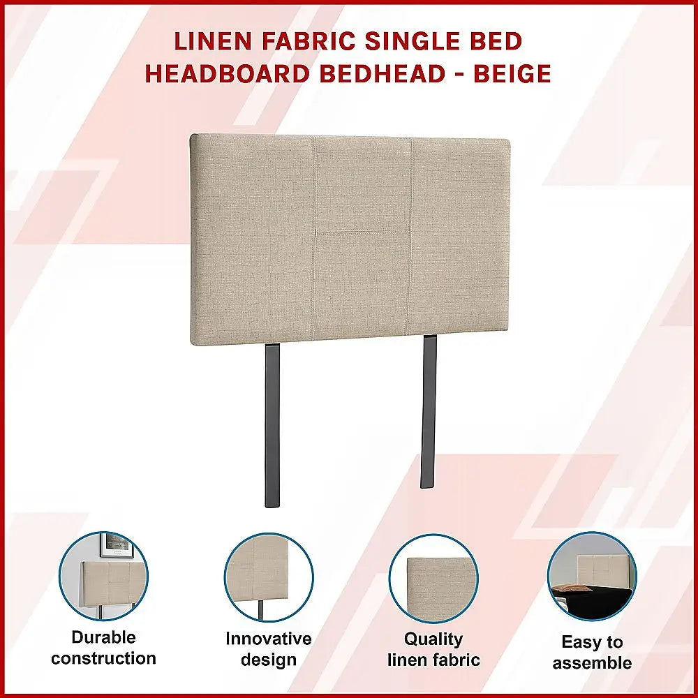 Linen Fabric Single Bed Headboard Bedhead - Beige - Furniture > Bedroom