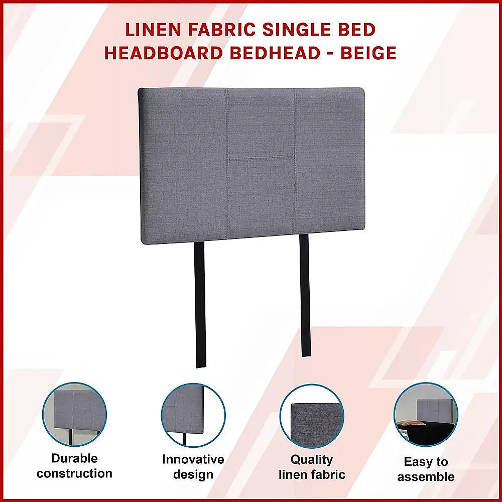 Linen Fabric Single Bed Headboard Bedhead - Grey - Furniture > Bedroom