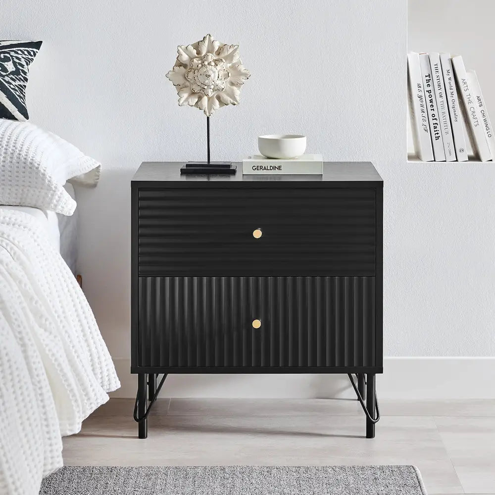 Lisa Wavy Fluted Bedside Table in Black - Furniture > Bedroom > Bedside Tables