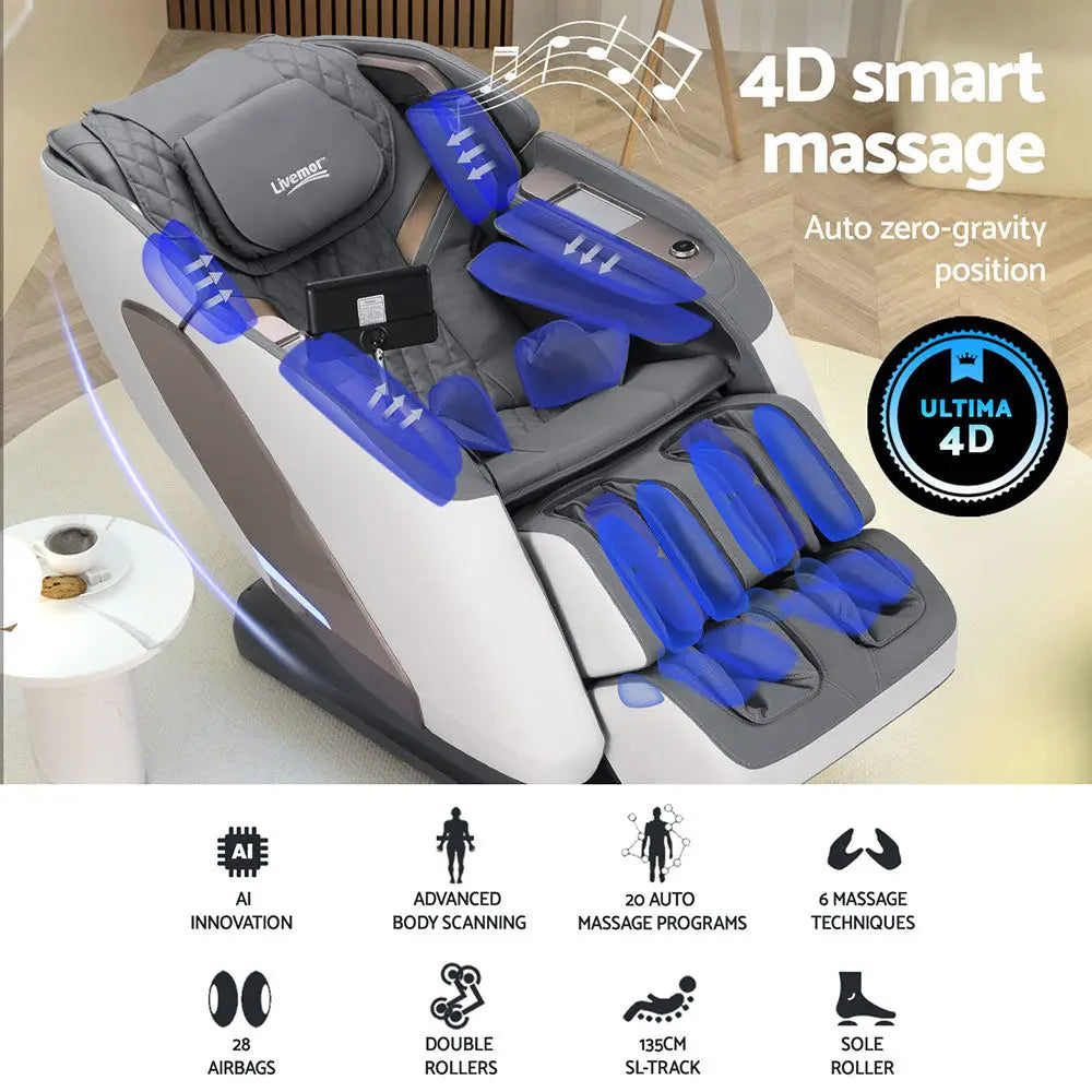 Livemor 4D Massage Chair Electric Recliner Double Core Mechanism Massager Melisa White - Furniture > Bar Stools &