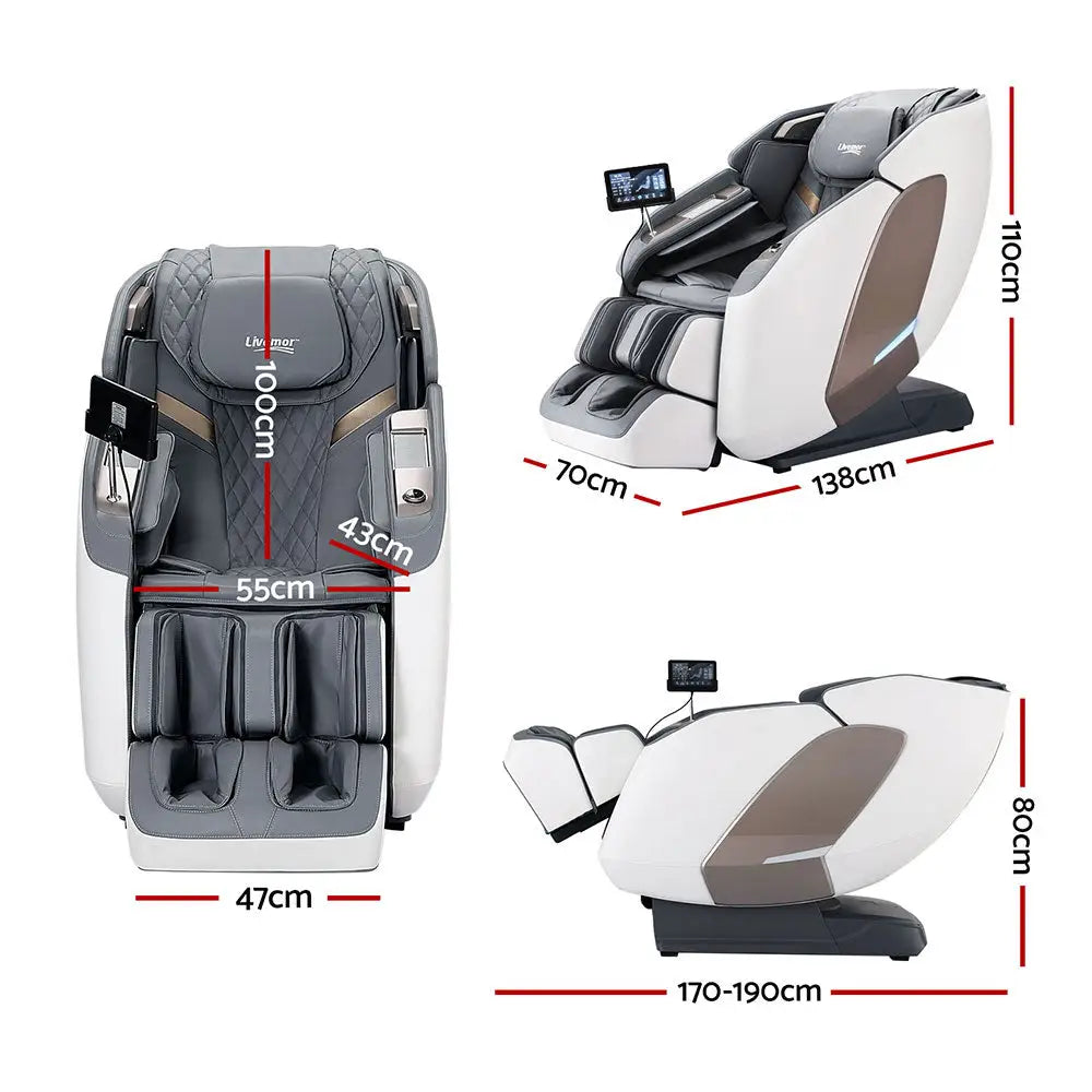 Livemor 4D Massage Chair Electric Recliner Double Core Mechanism Massager Melisa White - Furniture > Bar Stools &