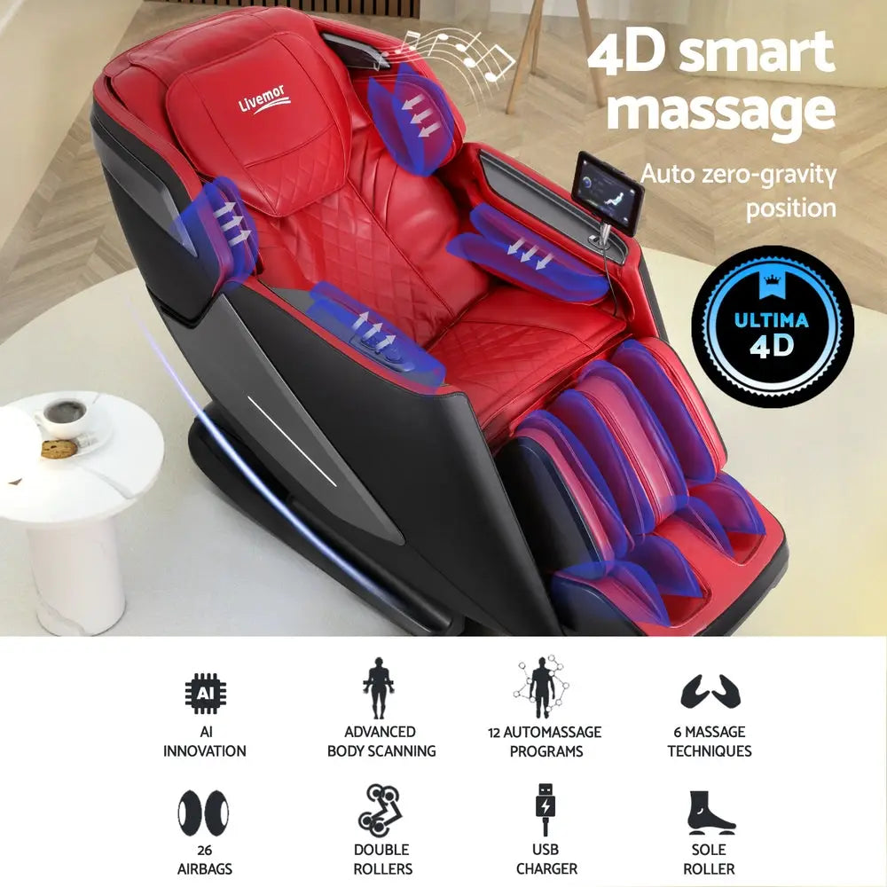 Livemor 4D Massage Chair Electric Recliner Home Massager Red - Furniture > Bar Stools & Chairs > Massage Chairs