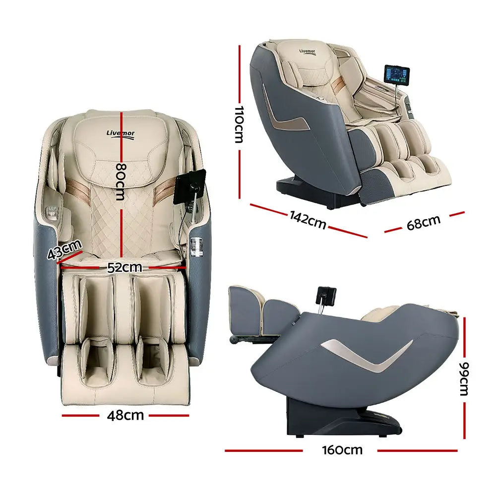 Livemor Massage Chair Electric Recliner Home Massager 3D Opal - Beige/Grey - Furniture > Bar Stools & Chairs > Massage