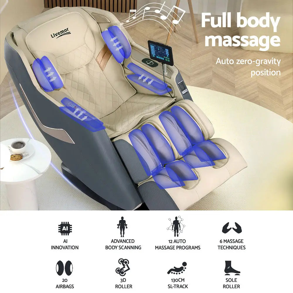 Livemor Massage Chair Electric Recliner Home Massager 3D Opal - Beige/Grey - Furniture > Bar Stools & Chairs > Massage