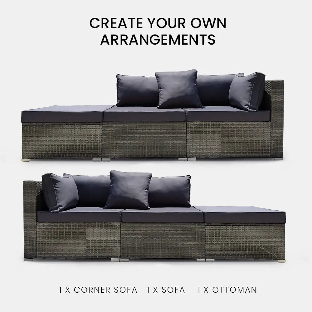 LONDON RATTAN 3 Seater Modular Outdoor Lounge Setting Grey - Furniture > Outdoor