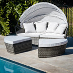 LONDON RATTAN 3PC Outdoor Daybed Patio Rattan Sofa Sun Lounge Furniture Grey Wicker Off White Canopy - Furniture >