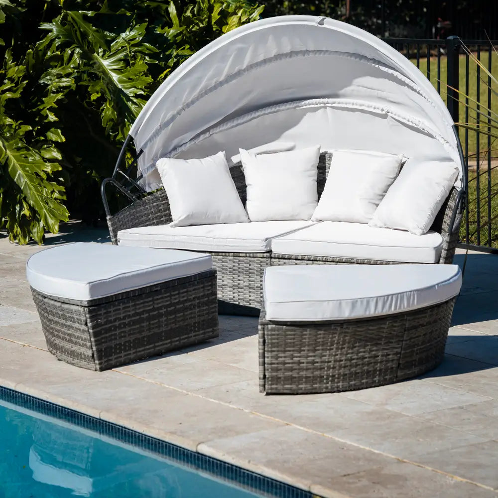 LONDON RATTAN 3PC Outdoor Daybed Patio Rattan Sofa Sun Lounge Furniture Grey Wicker Off White Canopy - Furniture >