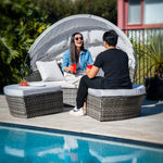 LONDON RATTAN 3PC Outdoor Daybed Patio Rattan Sofa Sun Lounge Furniture Grey Wicker Off White Canopy - Furniture >