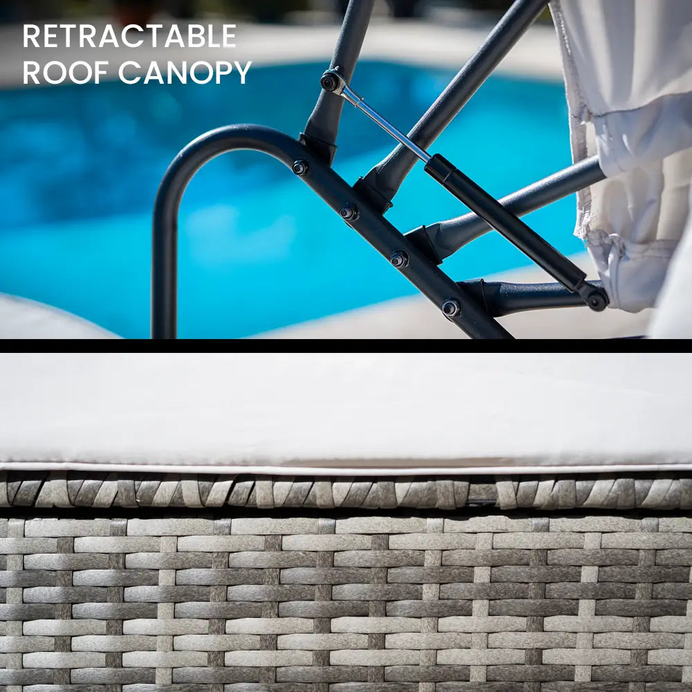 LONDON RATTAN 3PC Outdoor Daybed Patio Rattan Sofa Sun Lounge Furniture Grey Wicker Off White Canopy - Furniture >