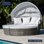 LONDON RATTAN 3PC Outdoor Daybed Patio Rattan Sofa Sun Lounge Furniture Grey Wicker Off White Canopy - Furniture >