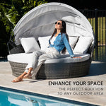 LONDON RATTAN 3PC Outdoor Daybed Patio Rattan Sofa Sun Lounge Furniture Grey Wicker Off White Canopy - Furniture >