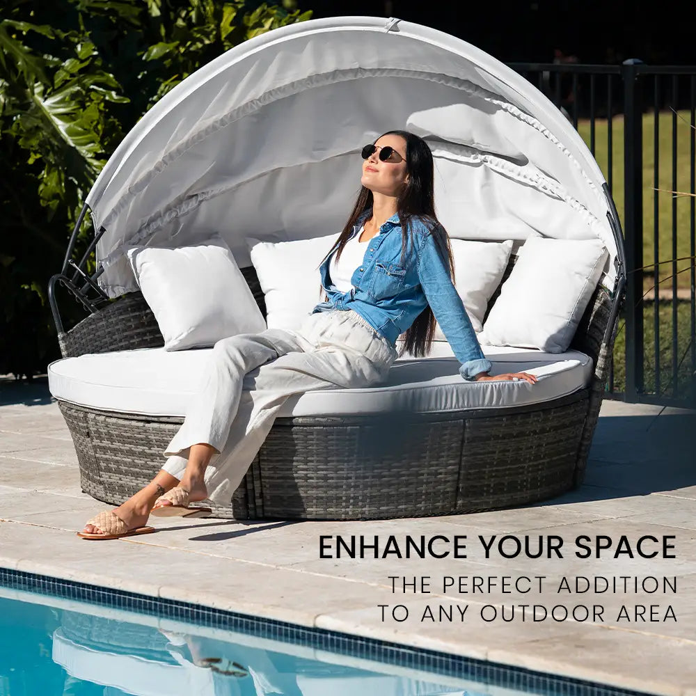 LONDON RATTAN 3PC Outdoor Daybed Patio Rattan Sofa Sun Lounge Furniture Grey Wicker Off White Canopy - Furniture >