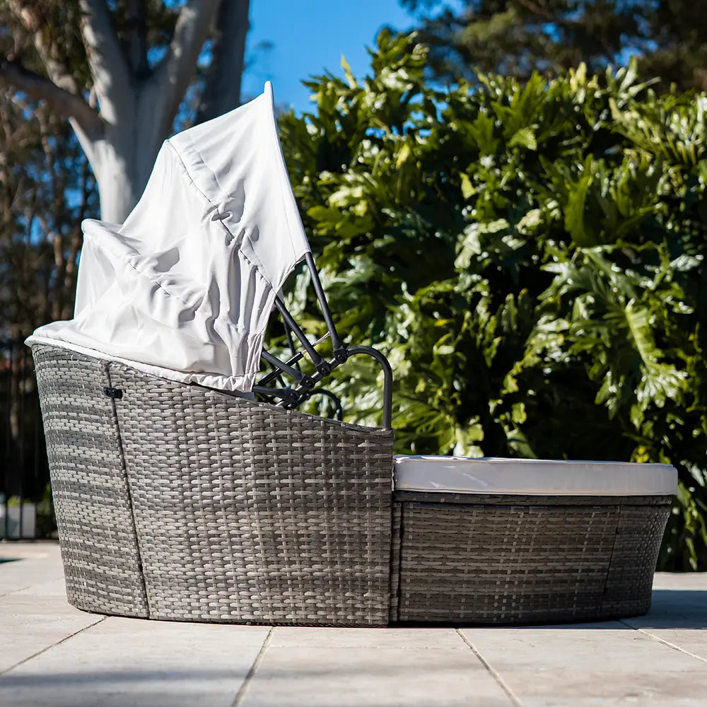 LONDON RATTAN 3PC Outdoor Daybed Patio Rattan Sofa Sun Lounge Furniture Grey Wicker Off White Canopy - Furniture >