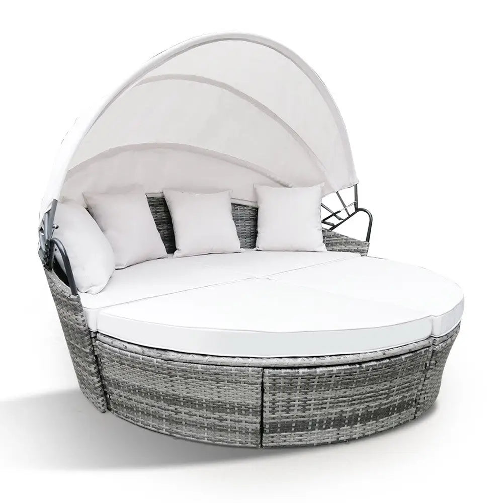 LONDON RATTAN 3PC Outdoor Daybed Patio Rattan Sofa Sun Lounge Furniture Grey Wicker Off White Canopy - Furniture >