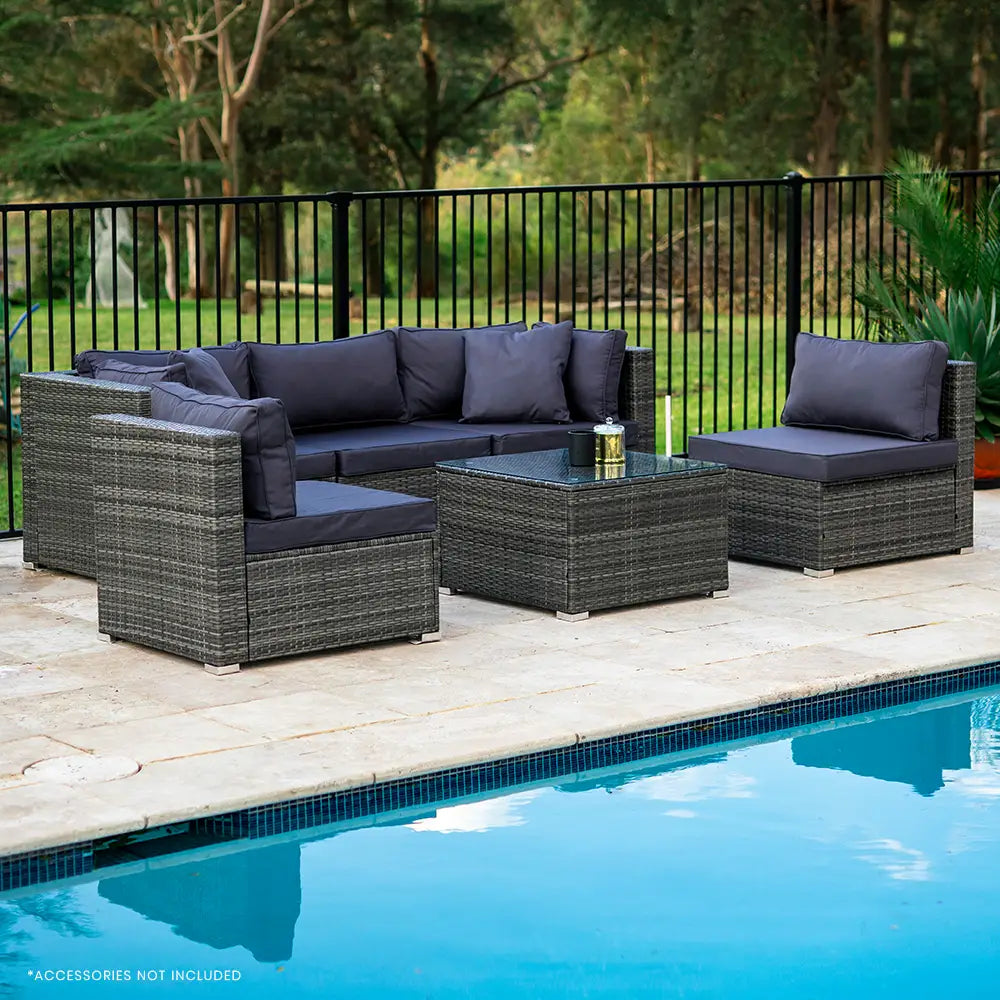 LONDON RATTAN 5 Seater Modular Outdoor Lounge Setting with Coffee Table Grey - Furniture > Outdoor
