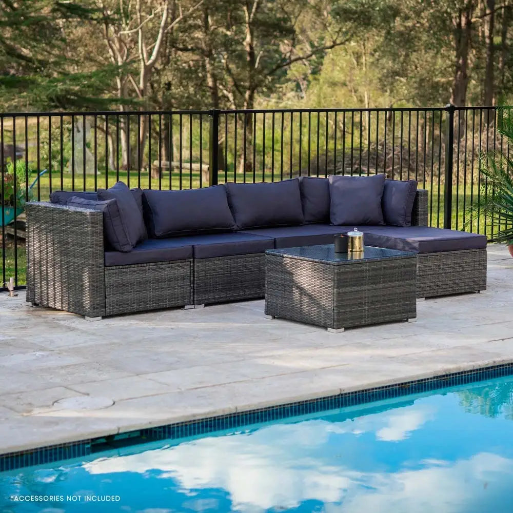 LONDON RATTAN 5 Seater Modular Outdoor Lounge Setting with Coffee Table Grey - Furniture > Outdoor
