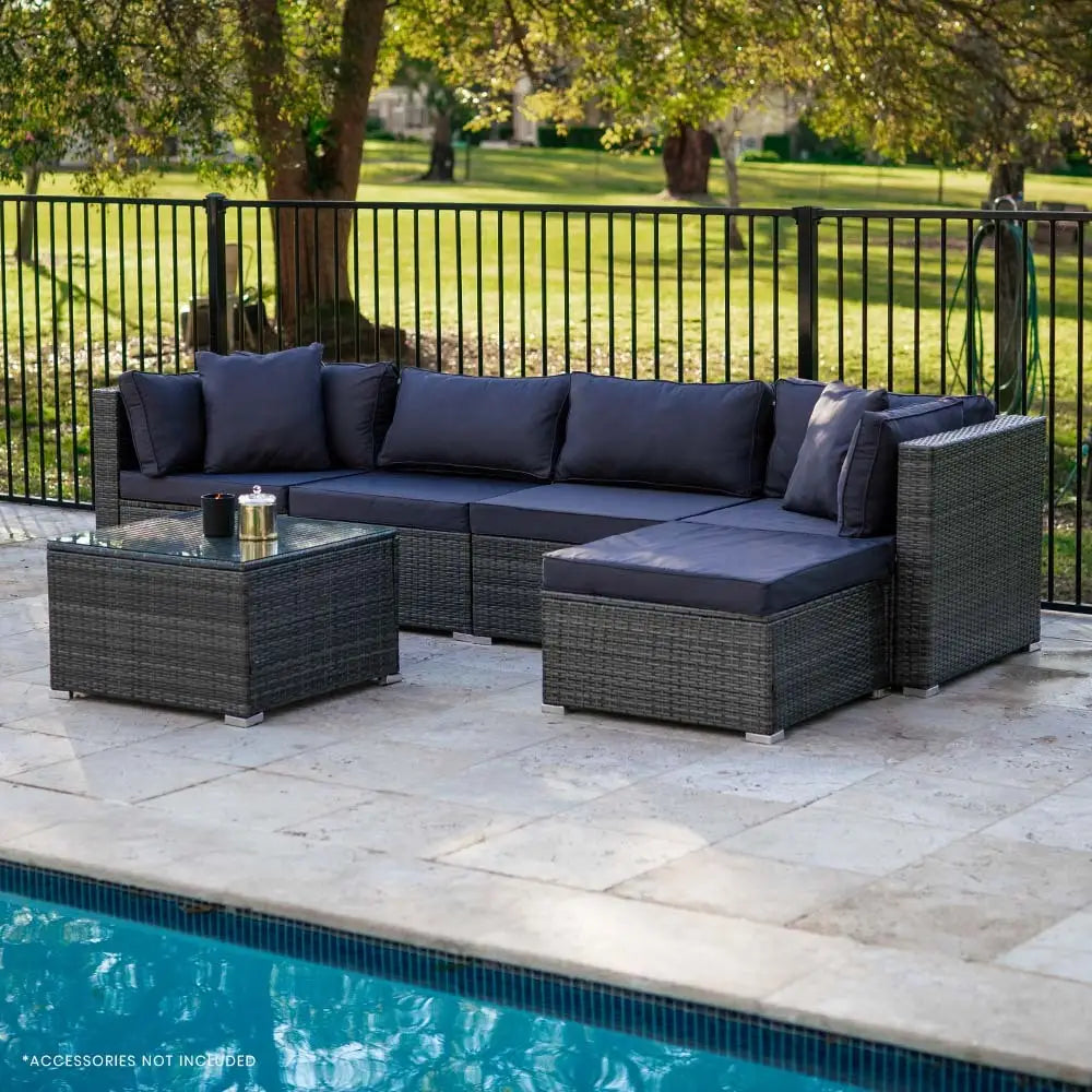LONDON RATTAN 5 Seater Modular Outdoor Lounge Setting with Coffee Table Grey - Furniture > Outdoor