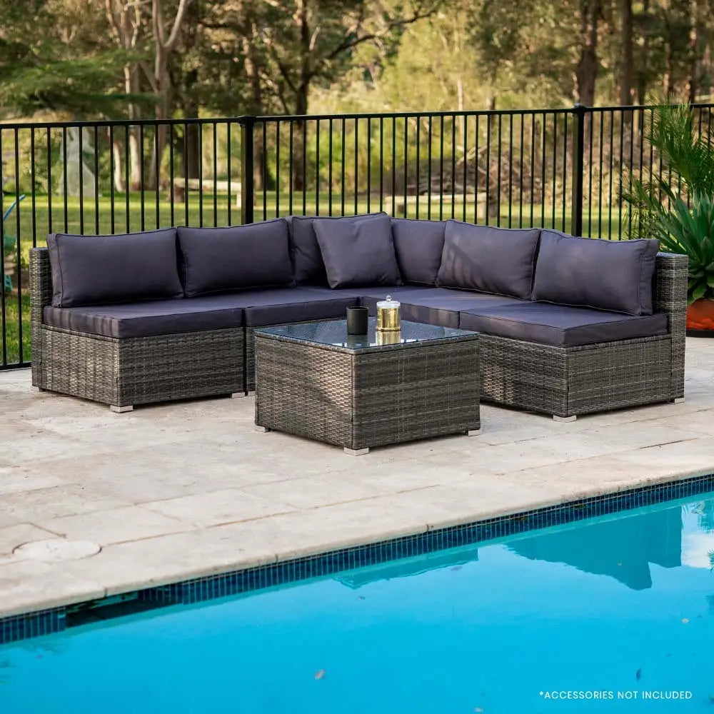 LONDON RATTAN 5 Seater Modular Outdoor Setting Lounge with Coffee Table Grey - Furniture > Outdoor