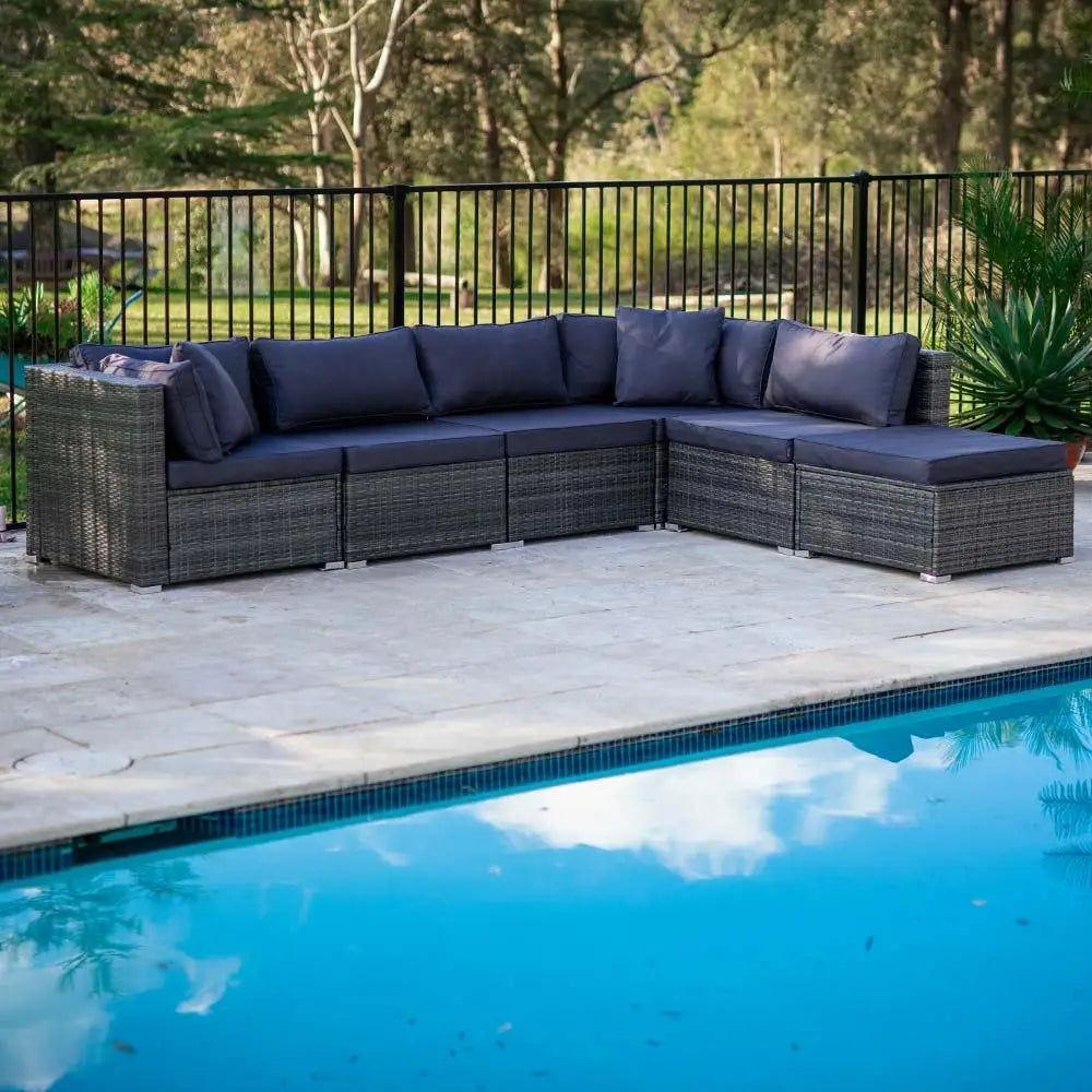 LONDON RATTAN 6 Seater Modular Outdoor Lounge Setting Grey - Furniture > Outdoor
