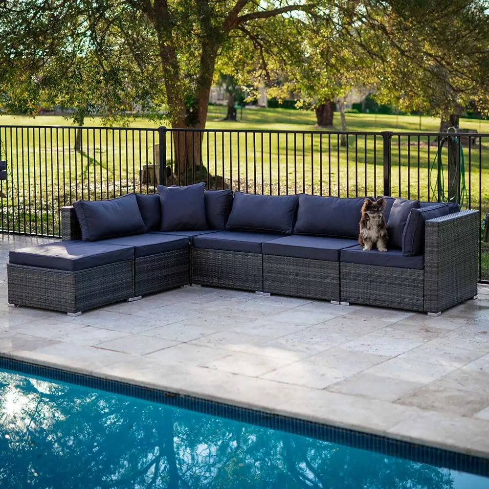 LONDON RATTAN 6 Seater Modular Outdoor Lounge Setting Grey - Furniture > Outdoor