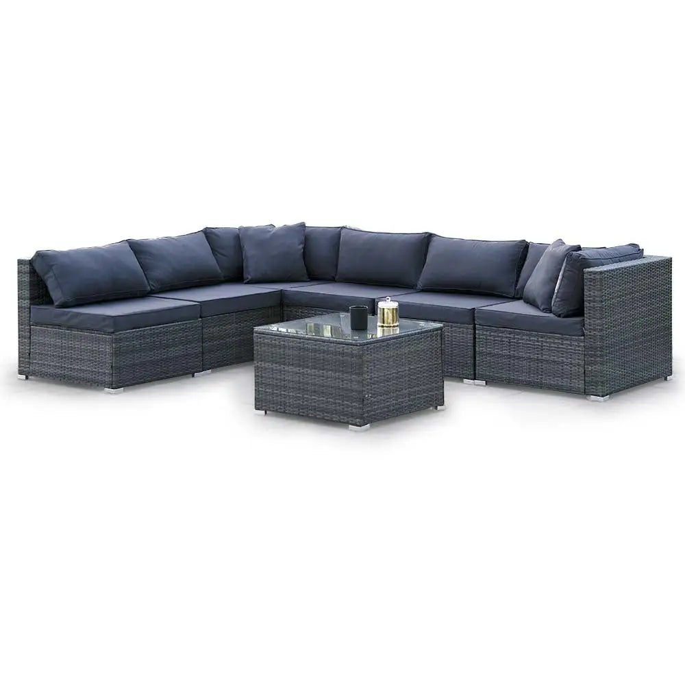 LONDON RATTAN 7 Piece 6 Seater Modular Outdoor Lounge Setting with Coffee Table Grey - Furniture > Outdoor