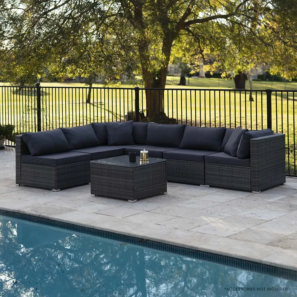 LONDON RATTAN 7 Piece 6 Seater Modular Outdoor Lounge Setting with Coffee Table Grey - Furniture > Outdoor