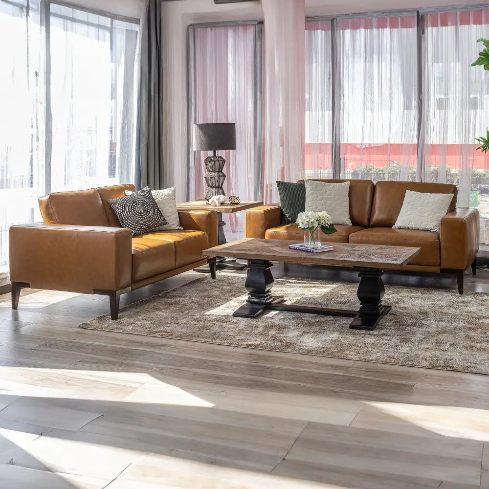 Lorenzo 2 + 3 Seater Sofa Leather Upholstered Lounge Set - Tan - Furniture > Sofas