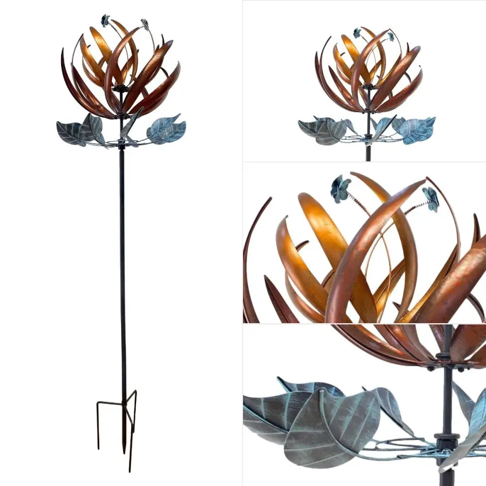 Lotus Wind Spinner showcasing a metal garden stake with copper petals and blue leaves