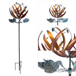Lotus Wind Spinner showcasing a metal garden stake with copper petals and blue leaves