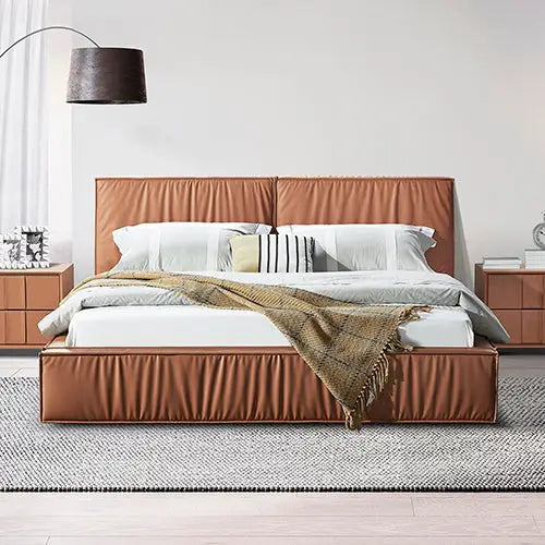 Louis Queen Bed Frame PU leather KD Slat in Wooden Legs - Furniture > Bedroom > Beds & Bed Frames