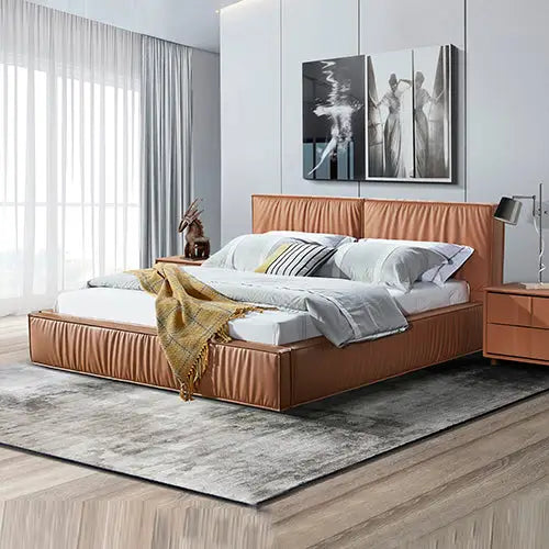 Louis Queen Bed Frame PU leather KD Slat in Wooden Legs - Furniture > Bedroom > Beds & Bed Frames