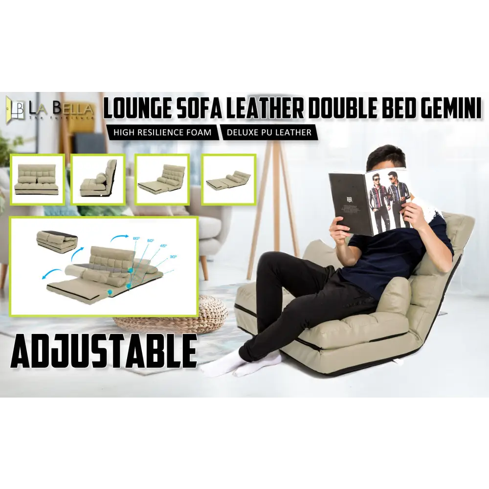 Lounge Couch Sofa Bed Double Seat Leather GEMINI BEIGE - Furniture > Sofas