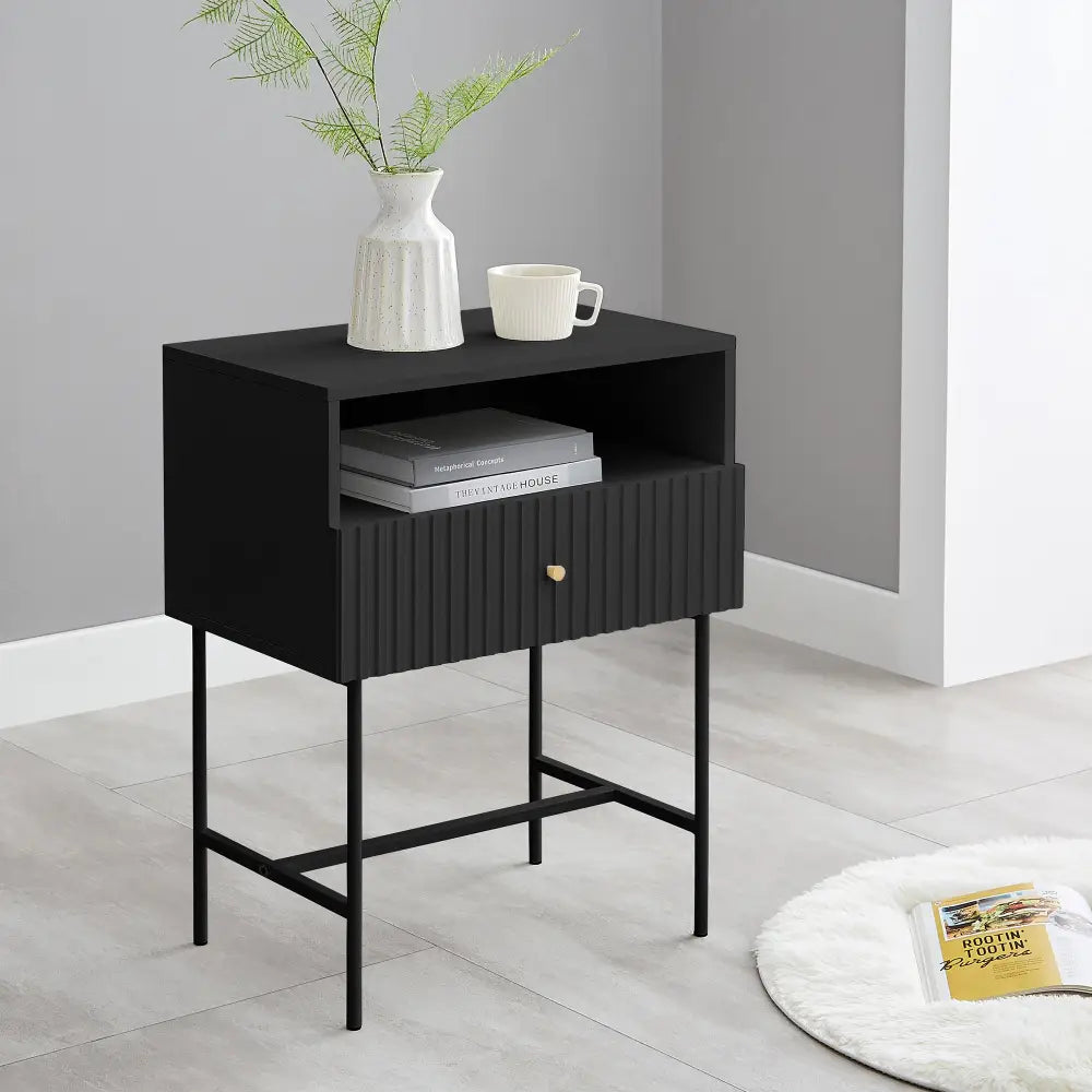 Lucia Slender Fluted Bedside Table in Black - Furniture > Bedroom > Bedside Tables