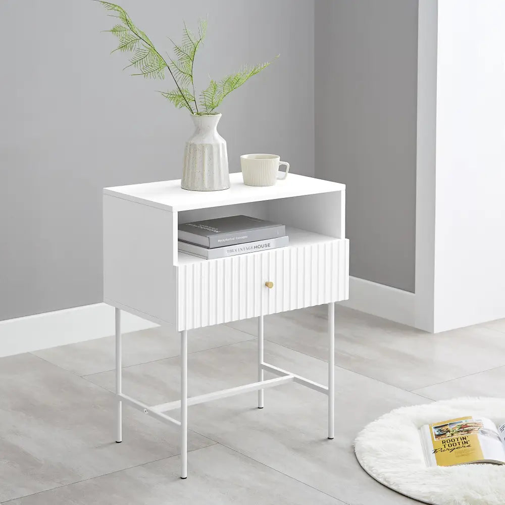 Lucia Slender Fluted Bedside Table in White - Furniture > Living Room