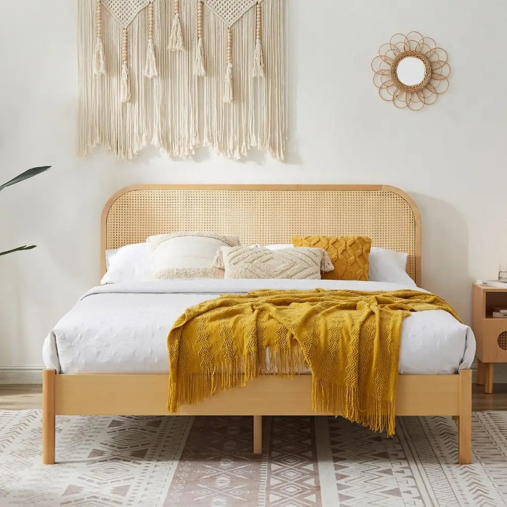 Lulu Bed Frame with Curved Rattan Bedhead - Double - Furniture > Bedroom