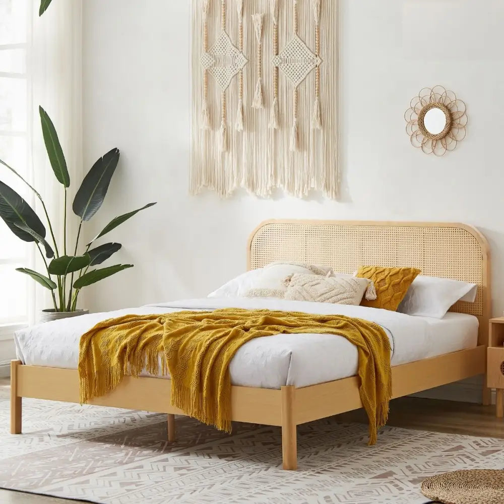 Lulu Bed Frame with Curved Rattan Bedhead - Double - Furniture > Bedroom