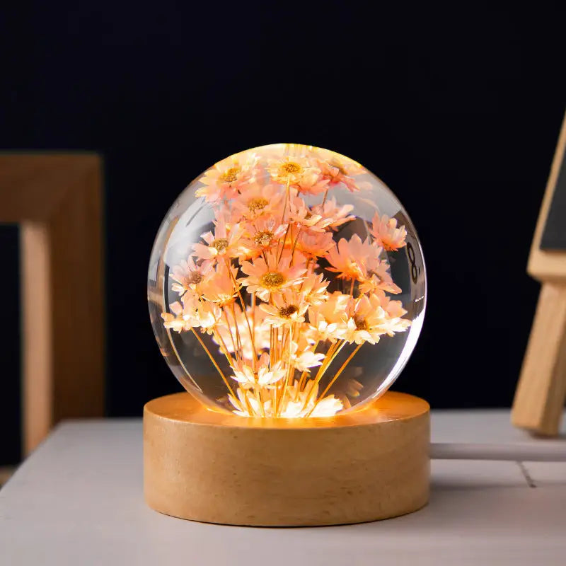 Luminous 3D Dandelion Crystal Ball Beech Wood Stand Base Preserved Flower Sphere Ball Desktop Ornaments Bithday