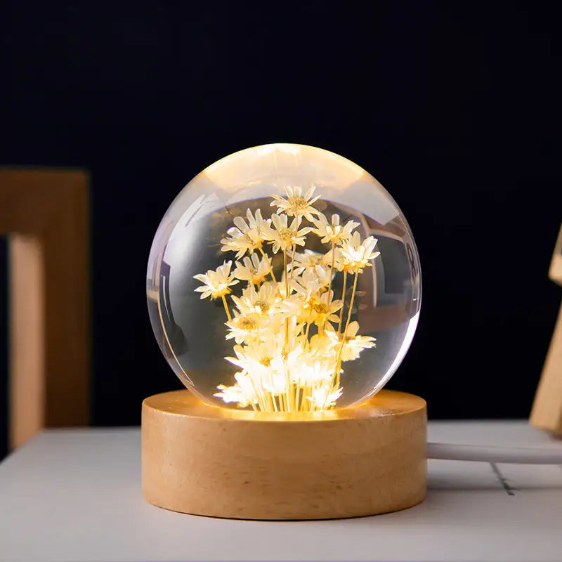 Luminous 3D Dandelion Crystal Ball Beech Wood Stand Base Preserved Flower Sphere Ball Desktop Ornaments Bithday