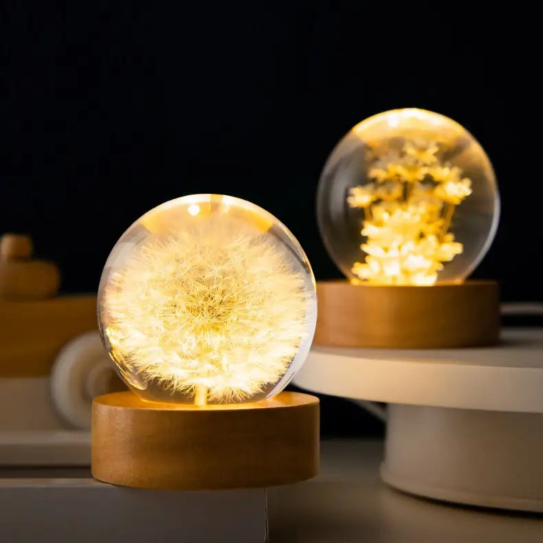 Luminous 3D Dandelion Crystal Ball Beech Wood Stand Base Preserved Flower Sphere Ball Desktop Ornaments Bithday