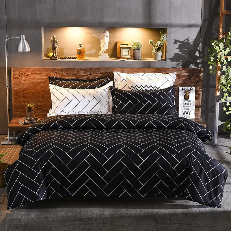 Luxurious Black Chevron 3-Piece Polyester Duvet Cover Set with 2 Pcs Pillowcases – Elegant Bedding Machine Washable