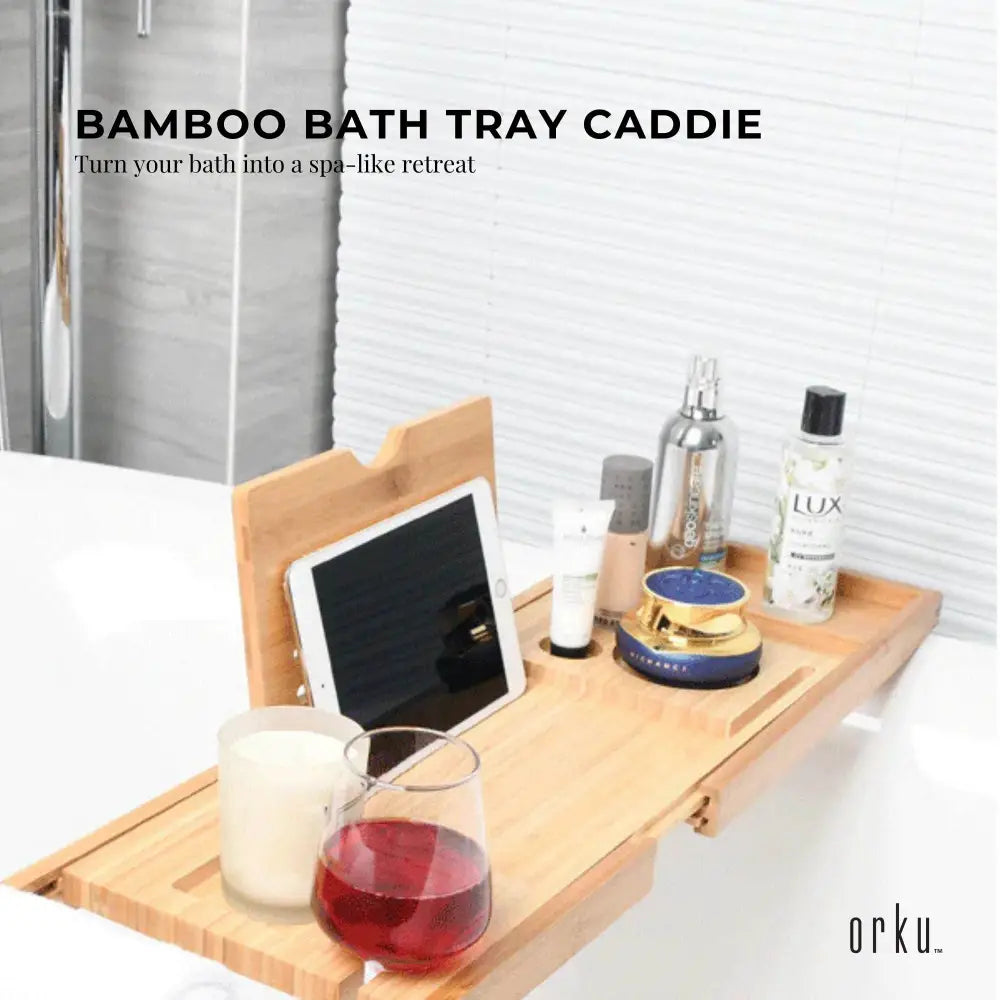 Luxury Adjustable Bamboo Bath Tray Caddy - Spa Book Wine & Accessories Holder - Furniture > Bathroom > Bathtubs