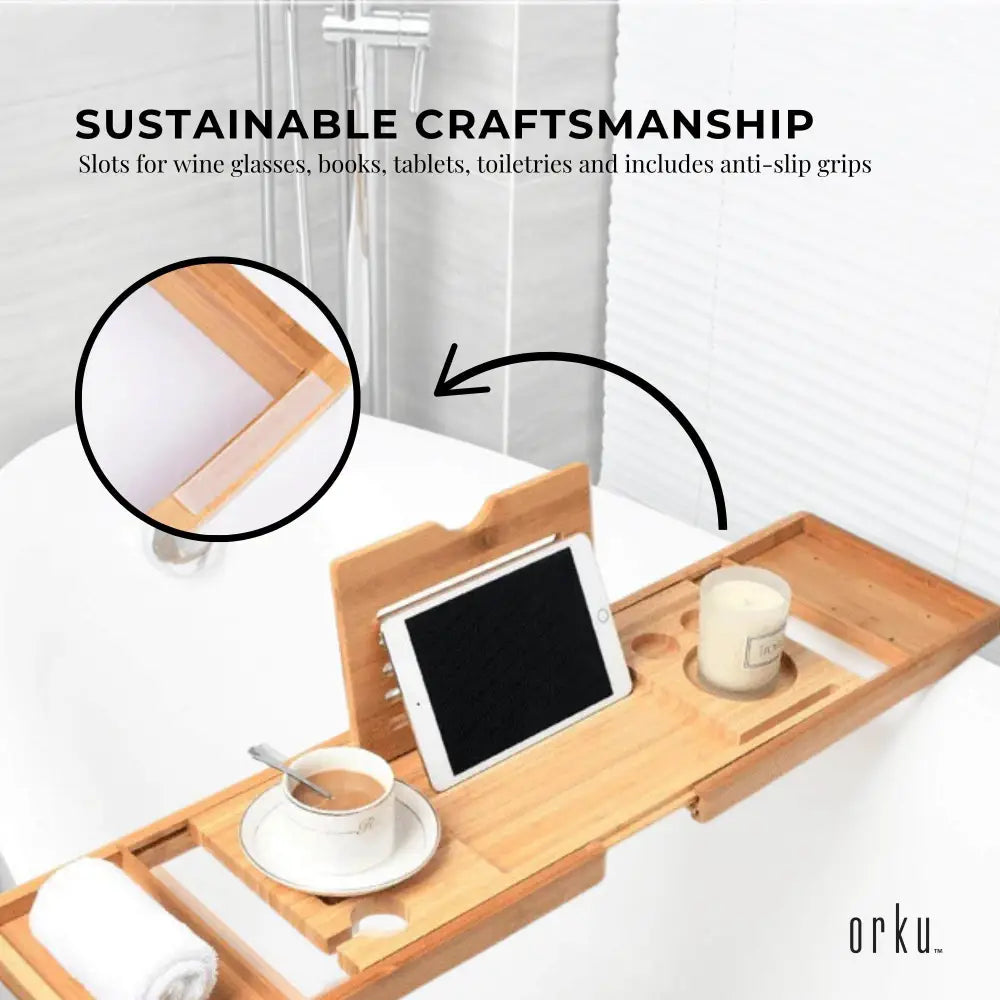 Luxury Adjustable Bamboo Bath Tray Caddy - Spa Book Wine & Accessories Holder - Furniture > Bathroom > Bathtubs